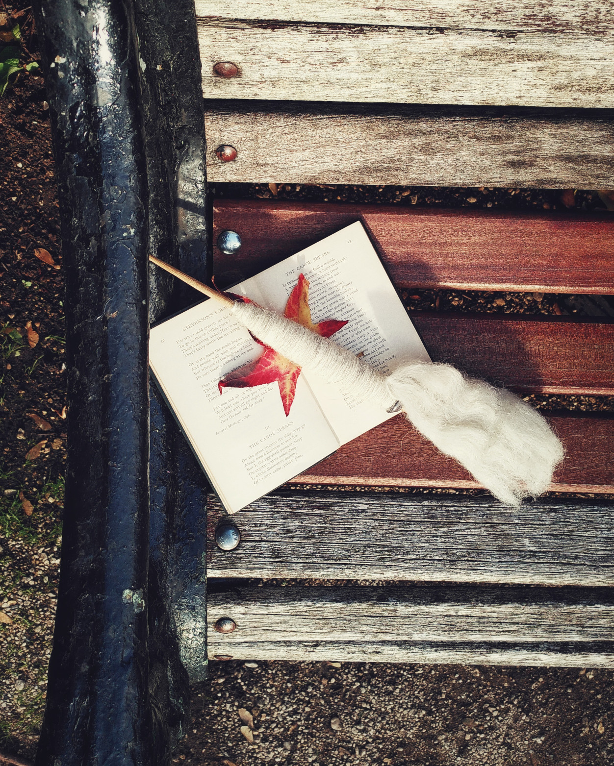 A vertical colour photograph of an open book of poetry on a wooden bench. Atop the pages of the book are a yellow and red leaf, and a wooden spindle full of wool with a bit of fibre trailing at the end of it.