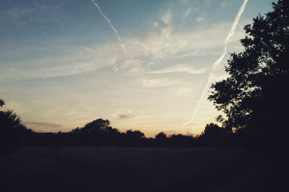 A horizontal colour photograph of a sunset over a park. The sky is mellow blue and tinged with warm colours. Streaks of clouds linger. The grass an trees below are bathed in darkness.