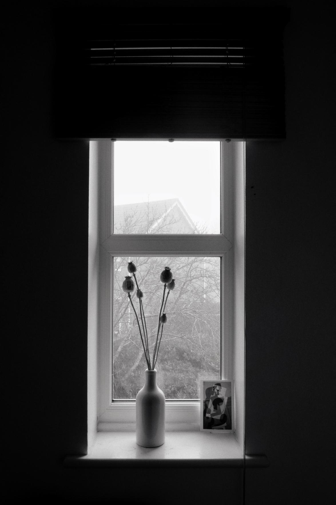 A vertical black and white photograph of a windowsill with a bottle containing dried flowers and a small card. The world beyond the window is shrouded in mist.