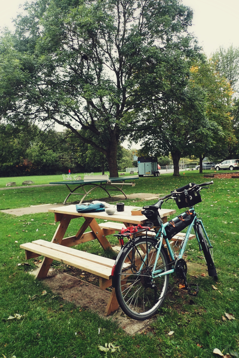 A vertical colour photograph of a baby blue bicycle with a black leather saddle resting against a wooden table in a park. On the table is an enamel black mug, a two-toned grey ceramic bowl, a book, and a blue and white scarf. The trees are thinning their crown. The sky is overcast. Beyond the wooden table is a tennis table and beyond this a path that goes past a horseshoe box converted to a cafe.