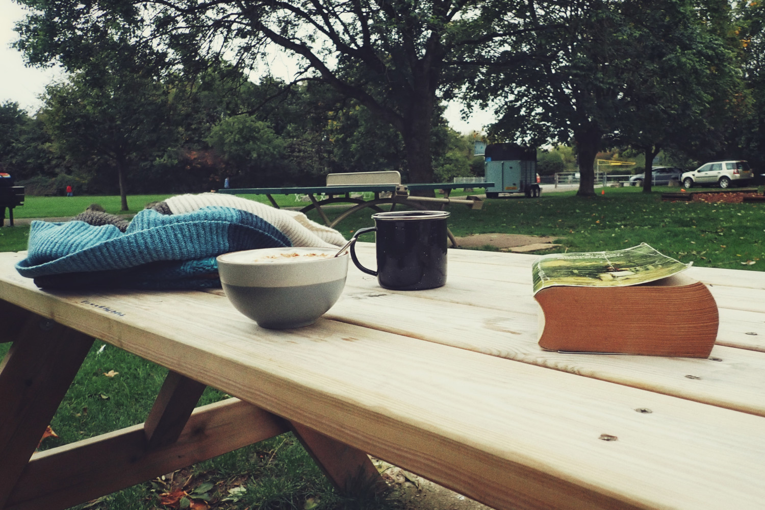 A horizontal colour photograph of a wooden table in a park with a black enamel mug, a thick book, a small, a wo-toned grey ceramic bowl, and a woollen blue and white scarf. Beyond, the park unfolds in thinning greenery.