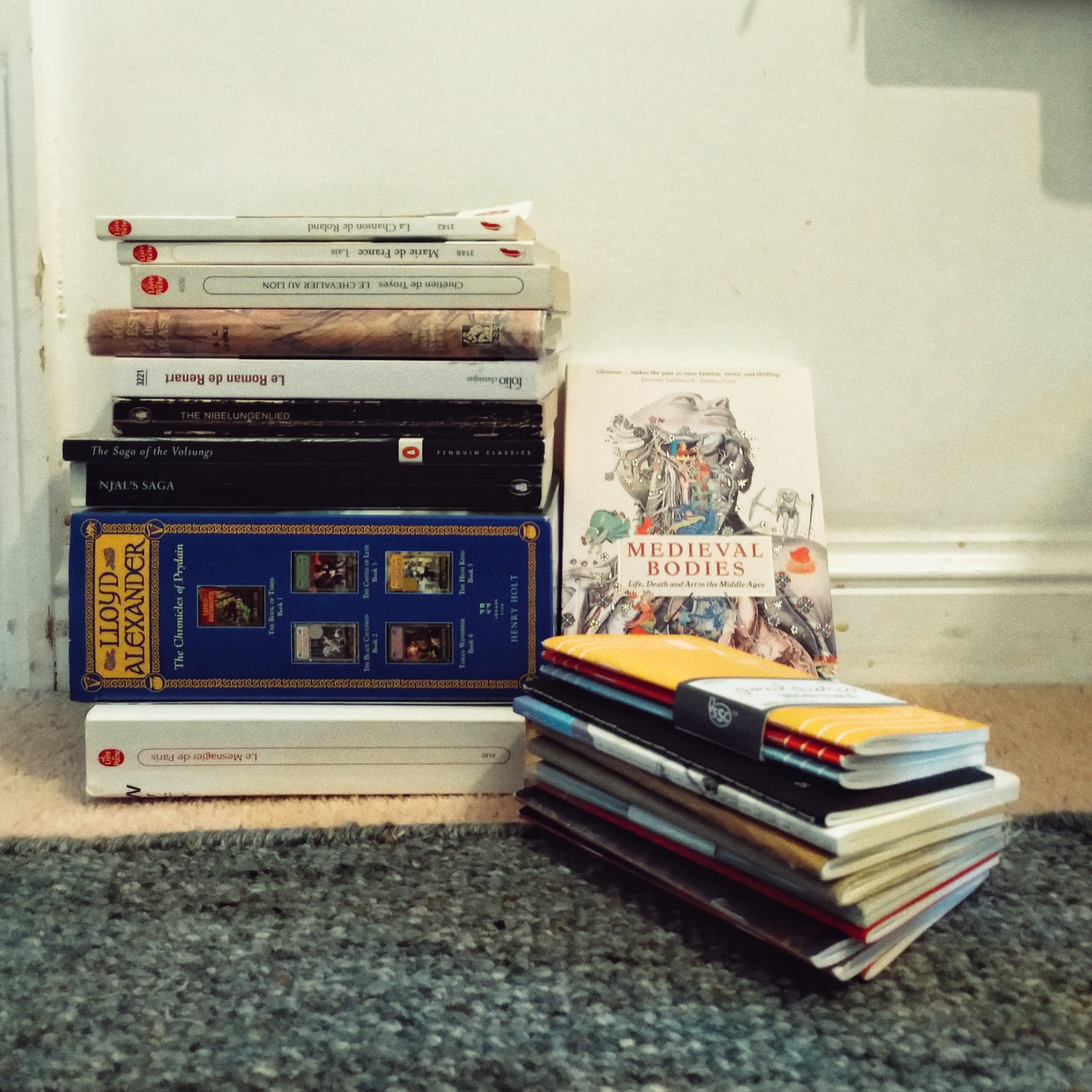 A square colour photograph of a pile of books and notebooks on carpet.